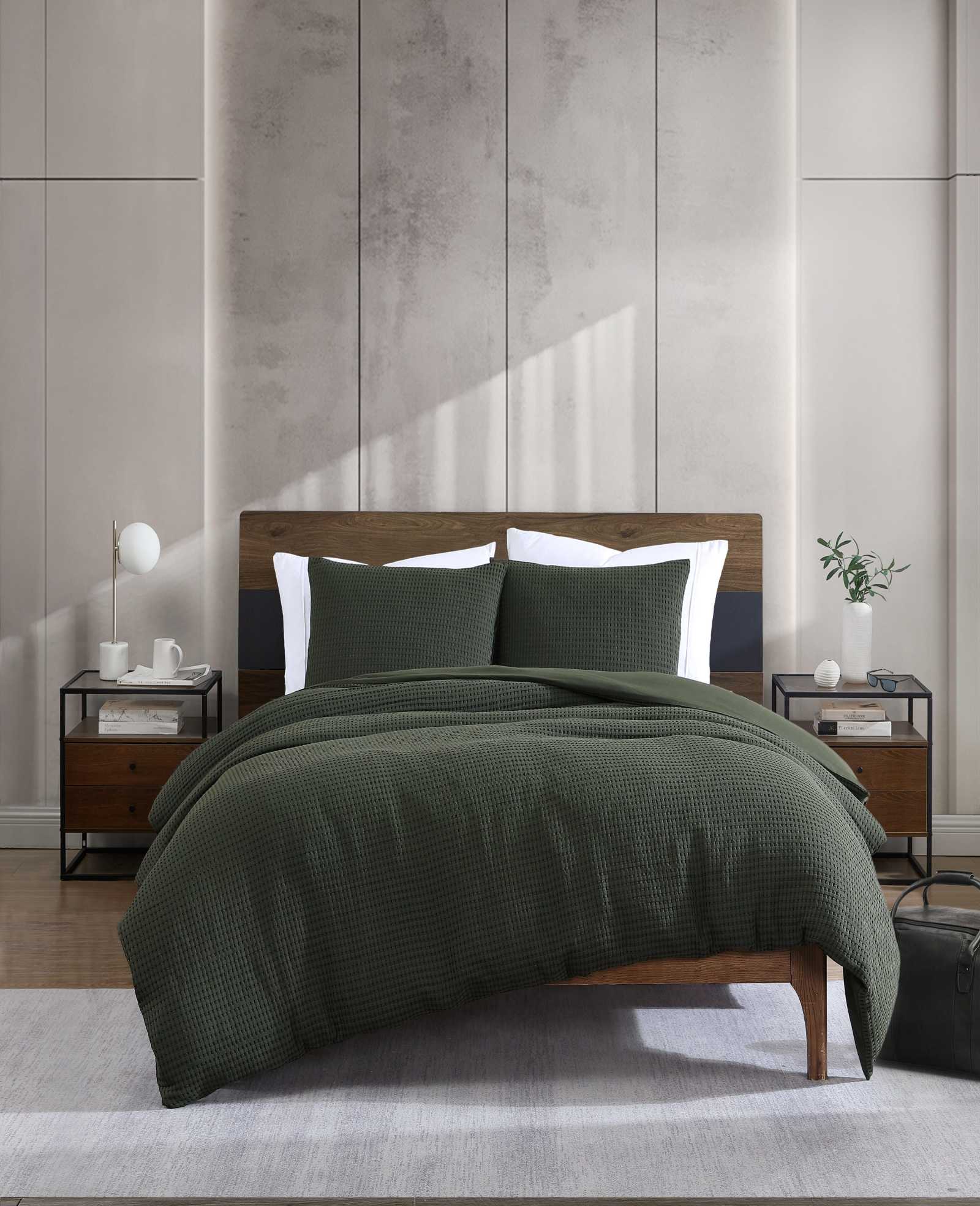 Kenneth Cole Reaction Home & Bedding Solid Waffle Duvet Set copripiumino verde Full/Queen