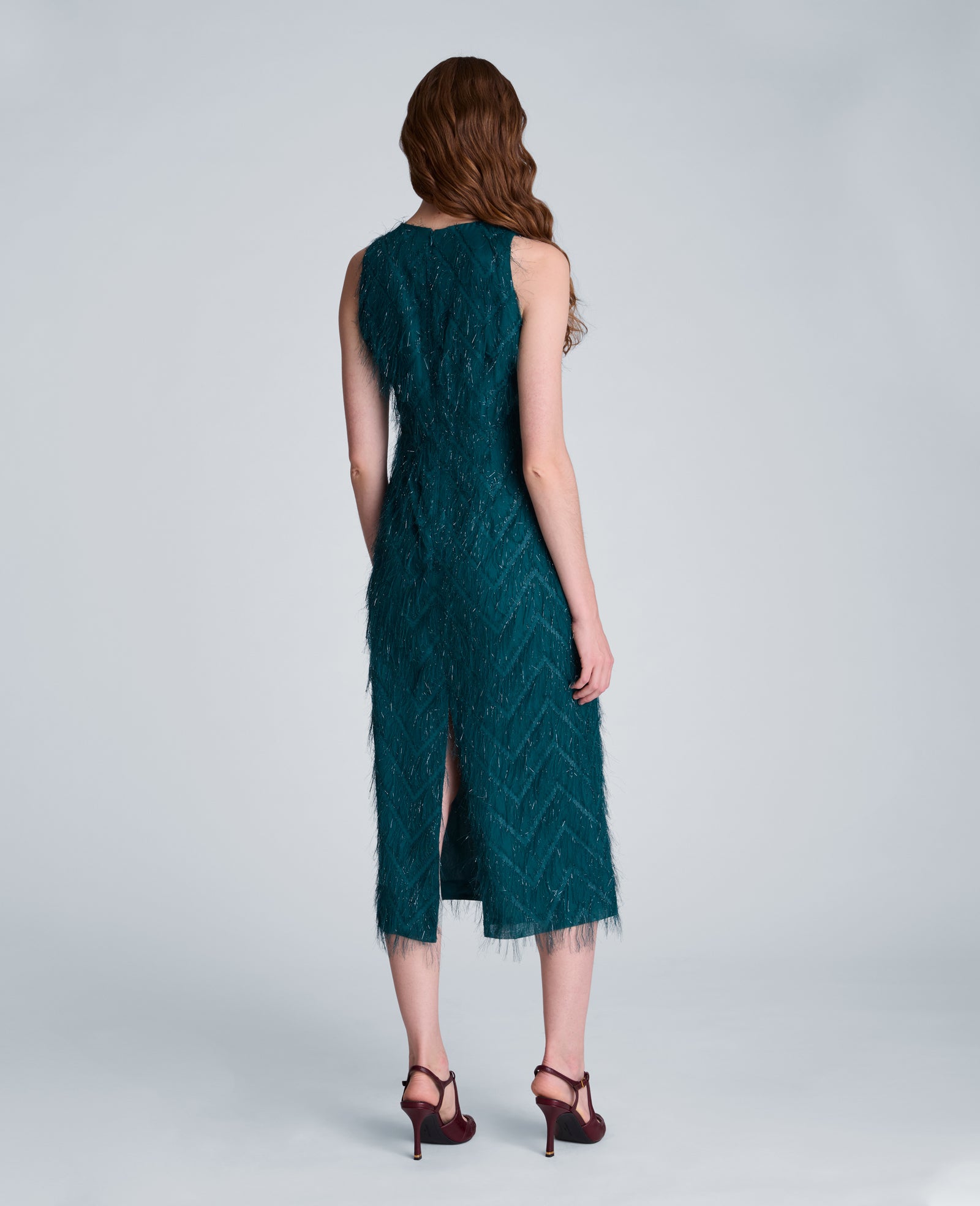 Kenneth Cole Reaction Clothing Fringed Organza Midi Sheath Dress abito midi verde petrolio
