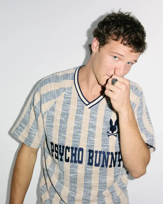 Psycho Bunny Men's Tees Nathaniel Raglan Stripe Jersey maglietta blu 423, righe