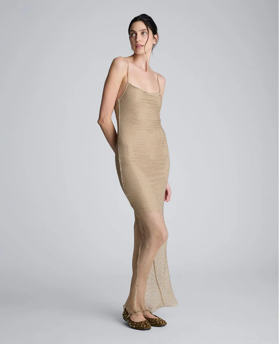 Kenneth Cole Reaction Clothing Metallic Slip Maxi Dress abito Soft Amber in mesh