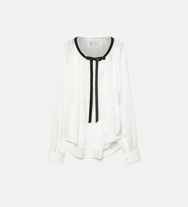 Forte camicie heavy silk satin blouse with a velvet bow blusa bianca