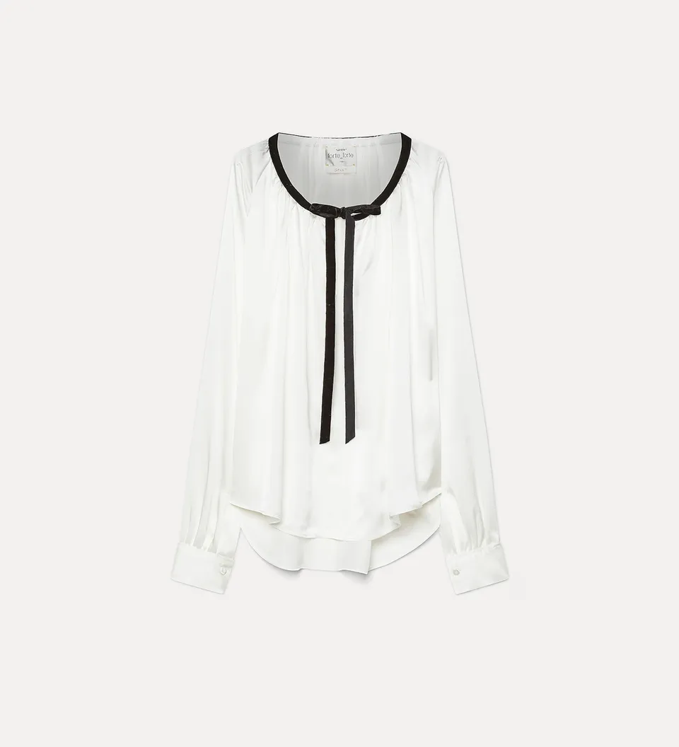 Forte camicie heavy silk satin blouse with a velvet bow blusa bianca