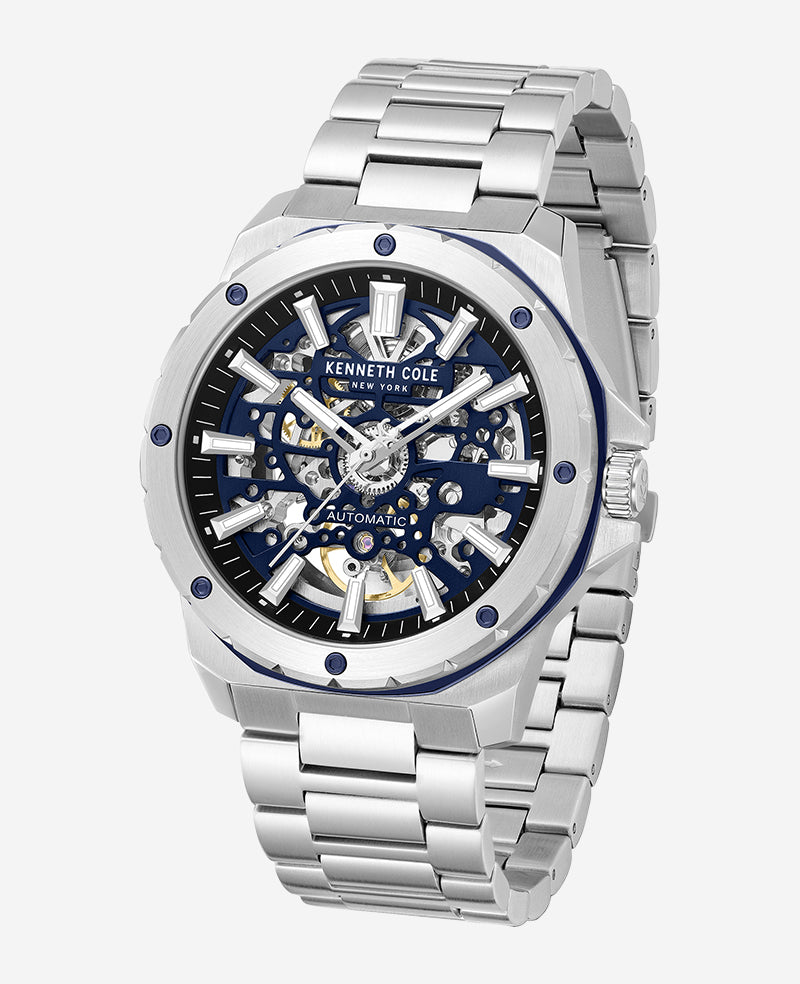 Kenneth Cole Reaction Watches Skeleton Automatic Stainless Bracelet Watch orologio argento