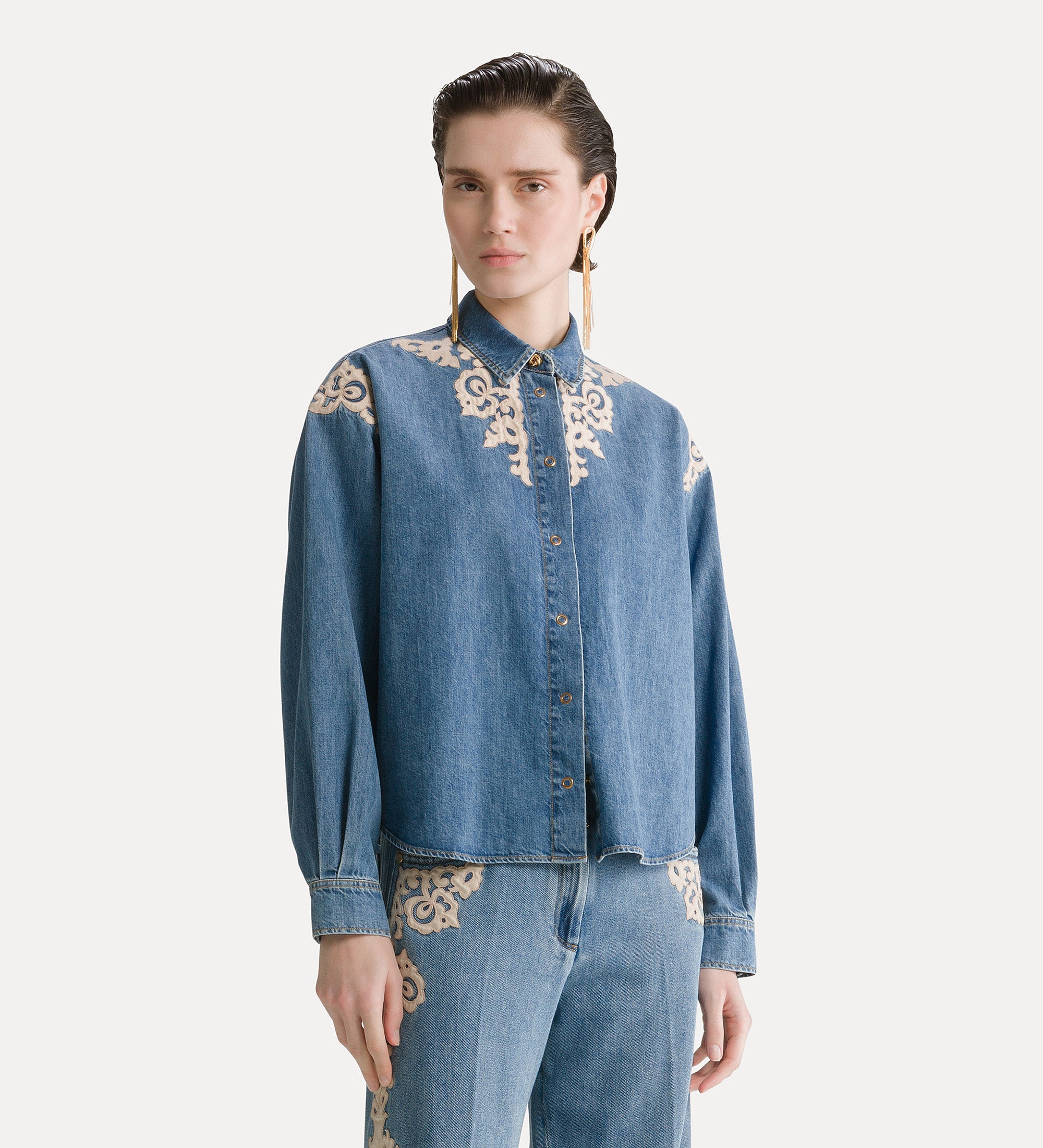 Forte camicie Embroidered Indigo Twill Boxy Shirt celeste camicia ricamata