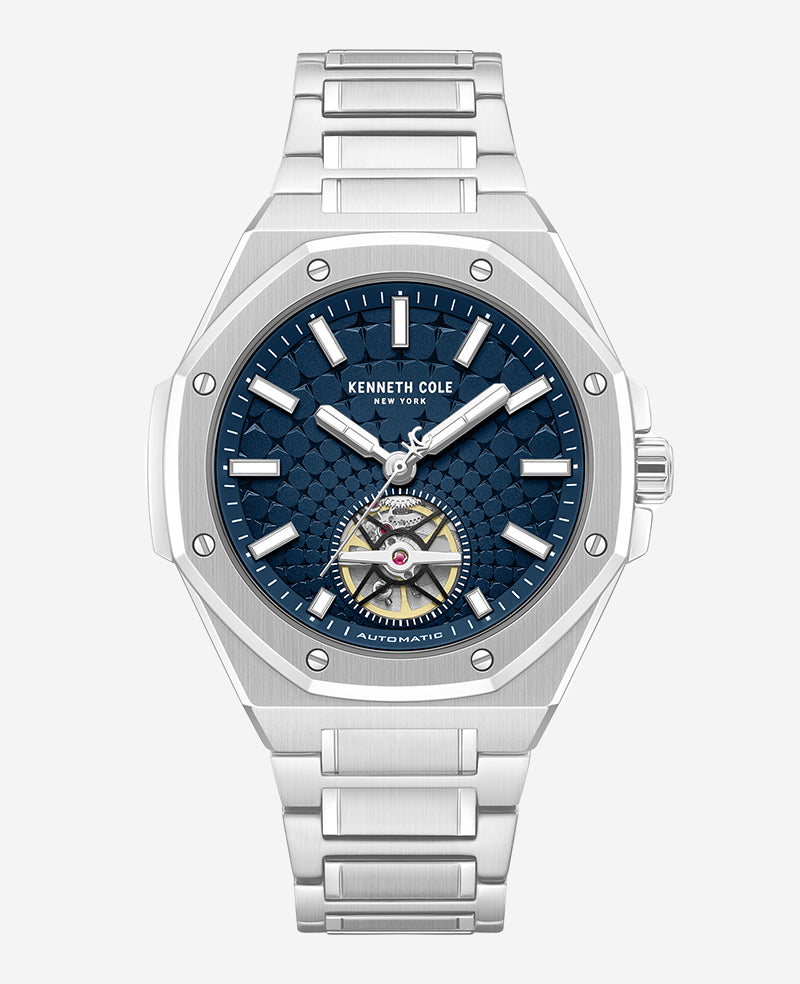 Kenneth Cole Reaction Watches Skeleton Automatic Blue Dial Stainless Steel Bracelet Watch argento