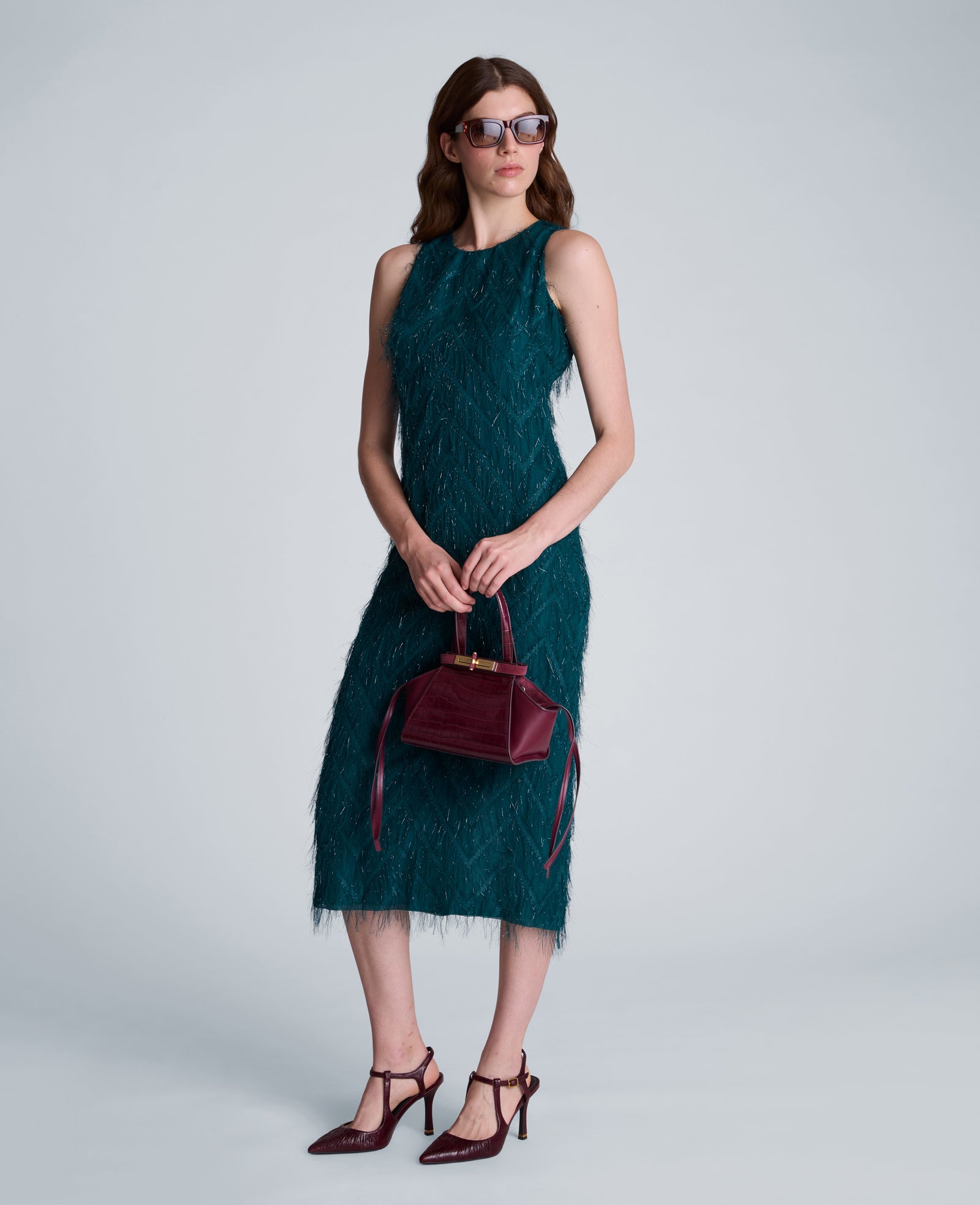Kenneth Cole Reaction Clothing Fringed Organza Midi Sheath Dress abito midi verde petrolio