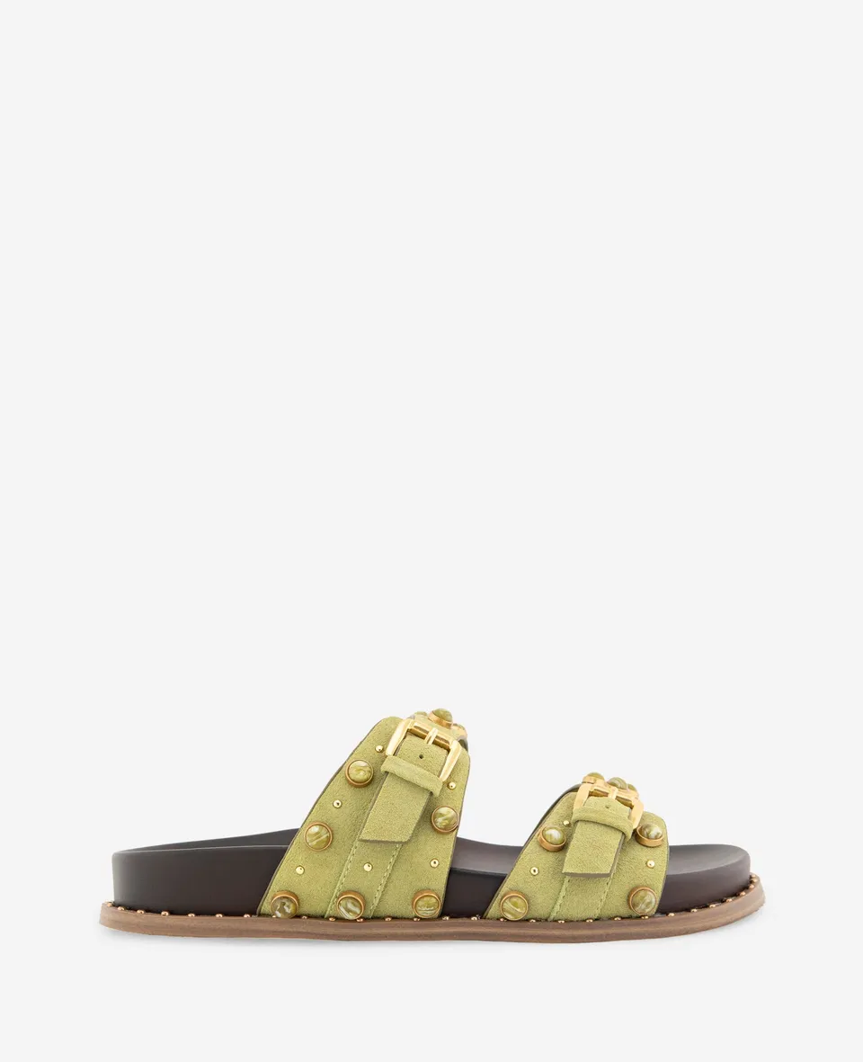Kenneth Cole Reaction Shoes Deardra Suede Double Band Buckle Slide sabot verdi borchie