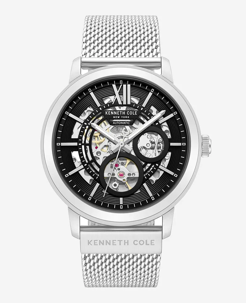 Kenneth Cole Reaction Watches Skeleton Automatic Black Dial orologio Silver