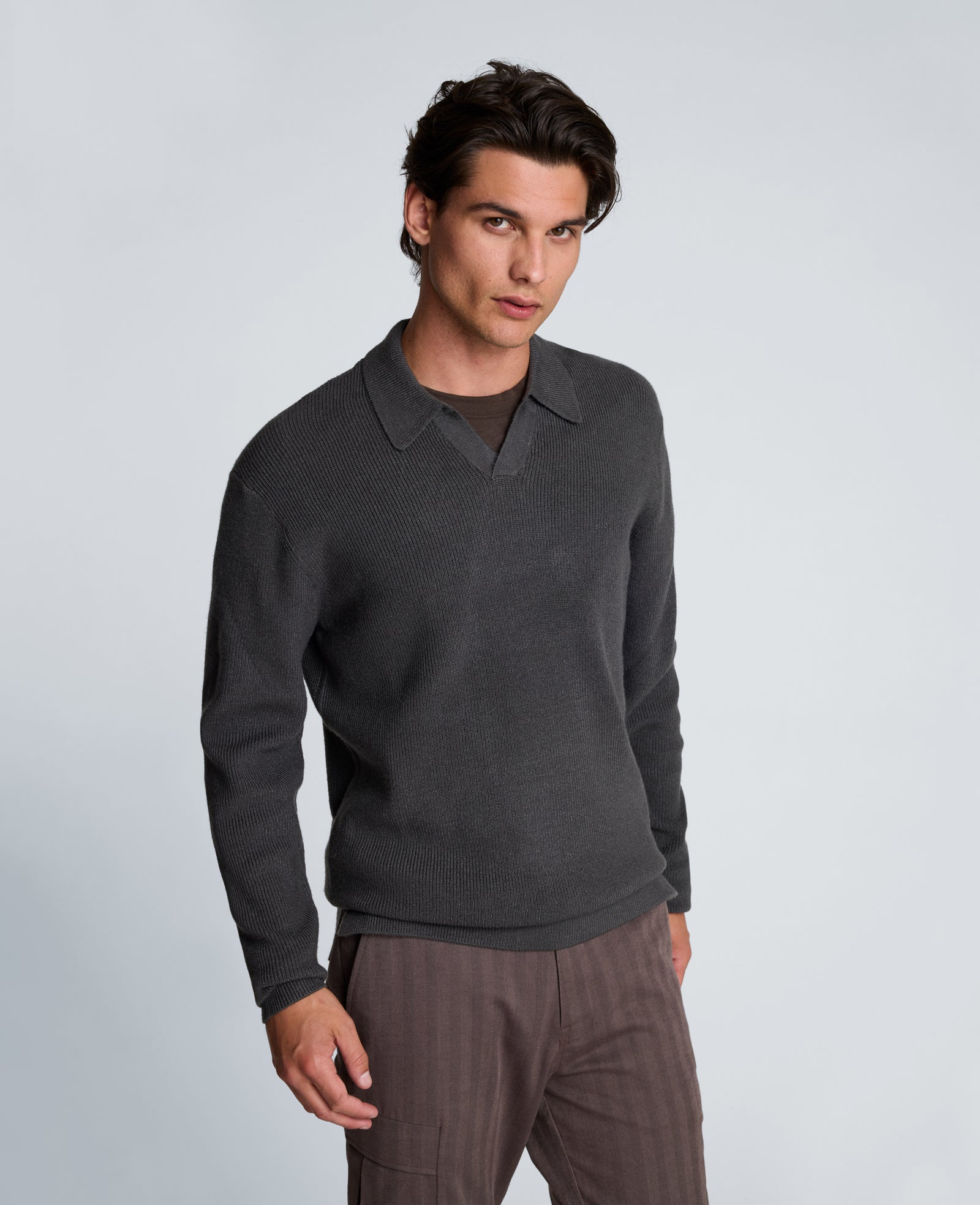 Kenneth Cole Reaction Long Sleeve Johnny Collar Polo polo manica lunga grigio carbone S-XXL