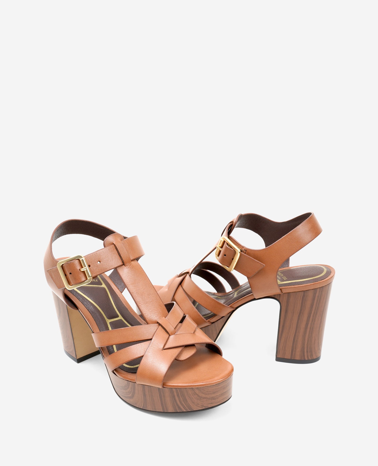 Kenneth Cole Reaction Shoes Lotus Woven Leather T-Strap Wood Platform Sandal sandalo marrone