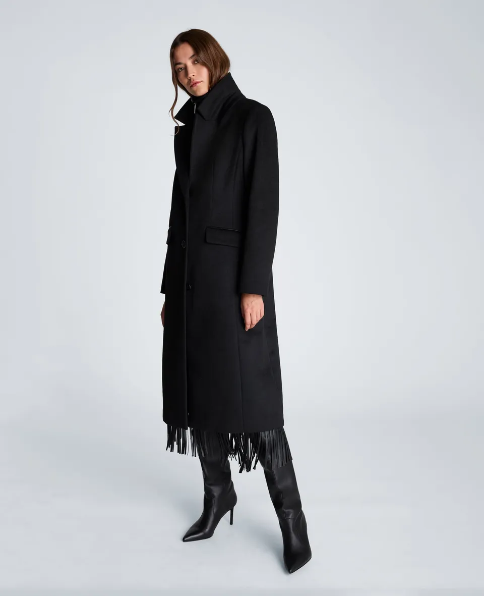 Kenneth Cole Reaction Clothing Wool Topper Coat with Vegan Leather Zip Up cappotto nero in lana