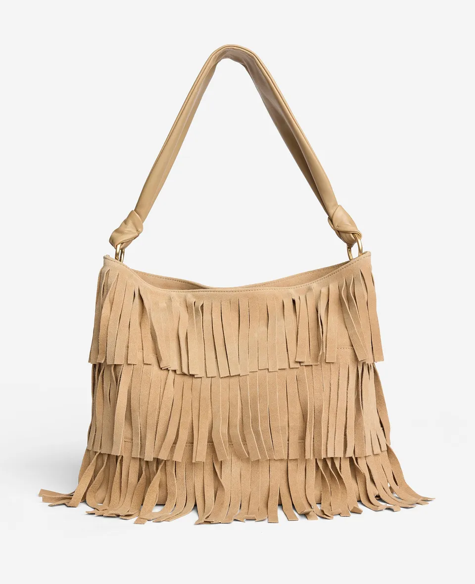 Kenneth Cole Reaction Bags Fringe Slouch Hobo Bag borsa beige in suede