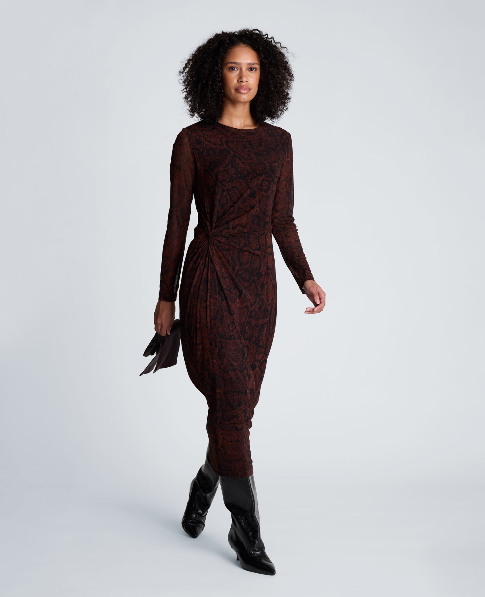 Kenneth Cole Reaction Clothing Knot Long Sleeve Midi Dress abito midi marrone stampa serpente