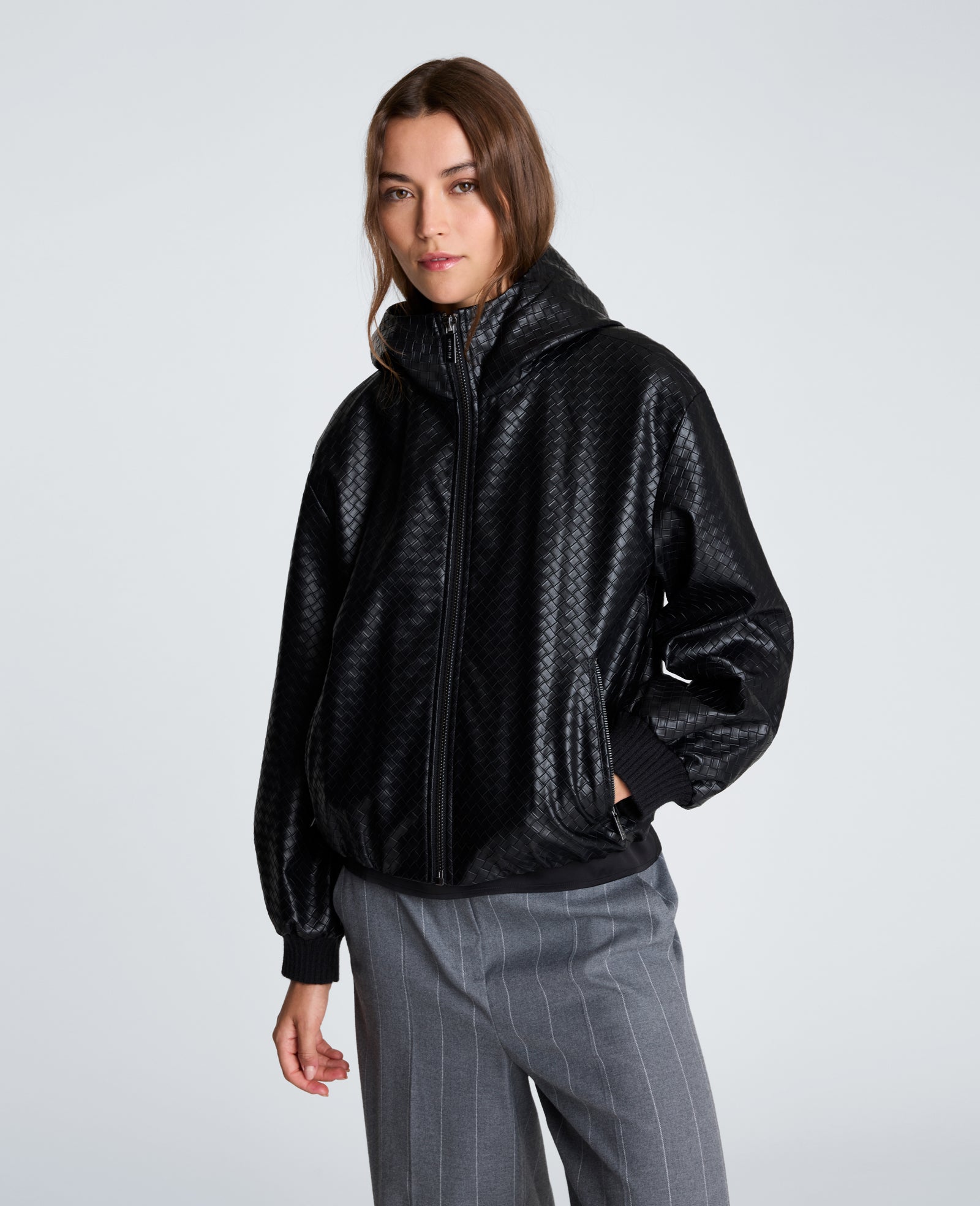 Kenneth Cole Reaction Clothing Hooded Basketweave Vegan Leather Blouson Jacket giacca nera