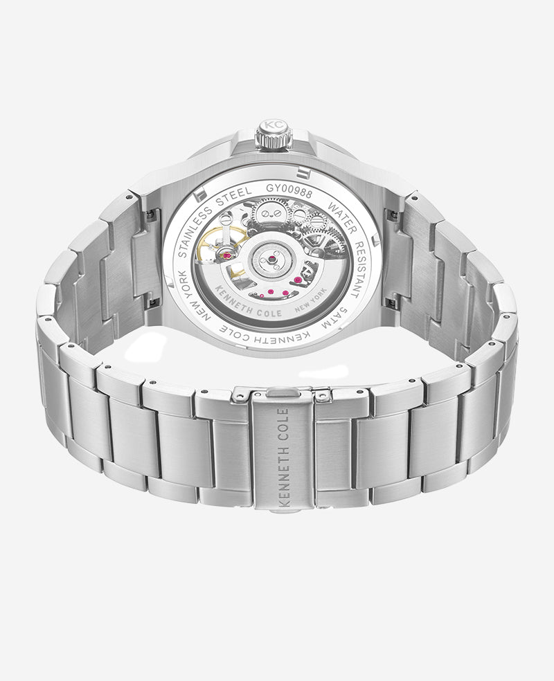Kenneth Cole Reaction Watches Skeleton Automatic Gunmetal Dial Stainless Steel Bracelet Watch orologio argento