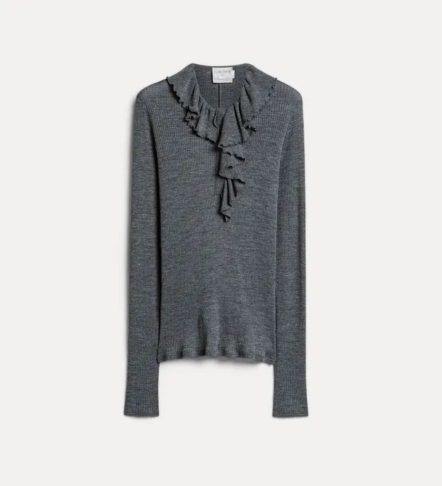 Forte maglieria maglia Henley grigia a coste con volant