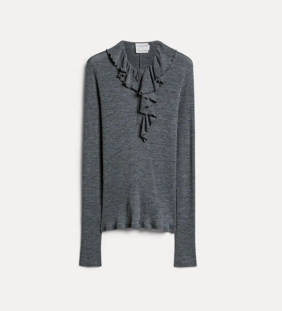 Forte maglieria maglia Henley grigia a coste con volant