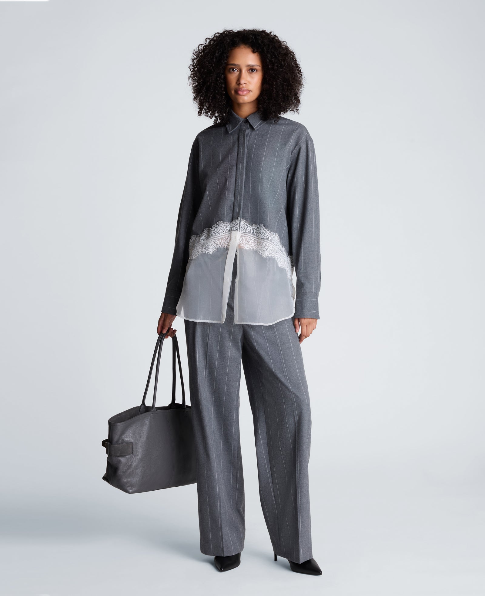 Kenneth Cole Reaction Clothing Button Front Oversized Paneled Shirt with Lace camicia oversize