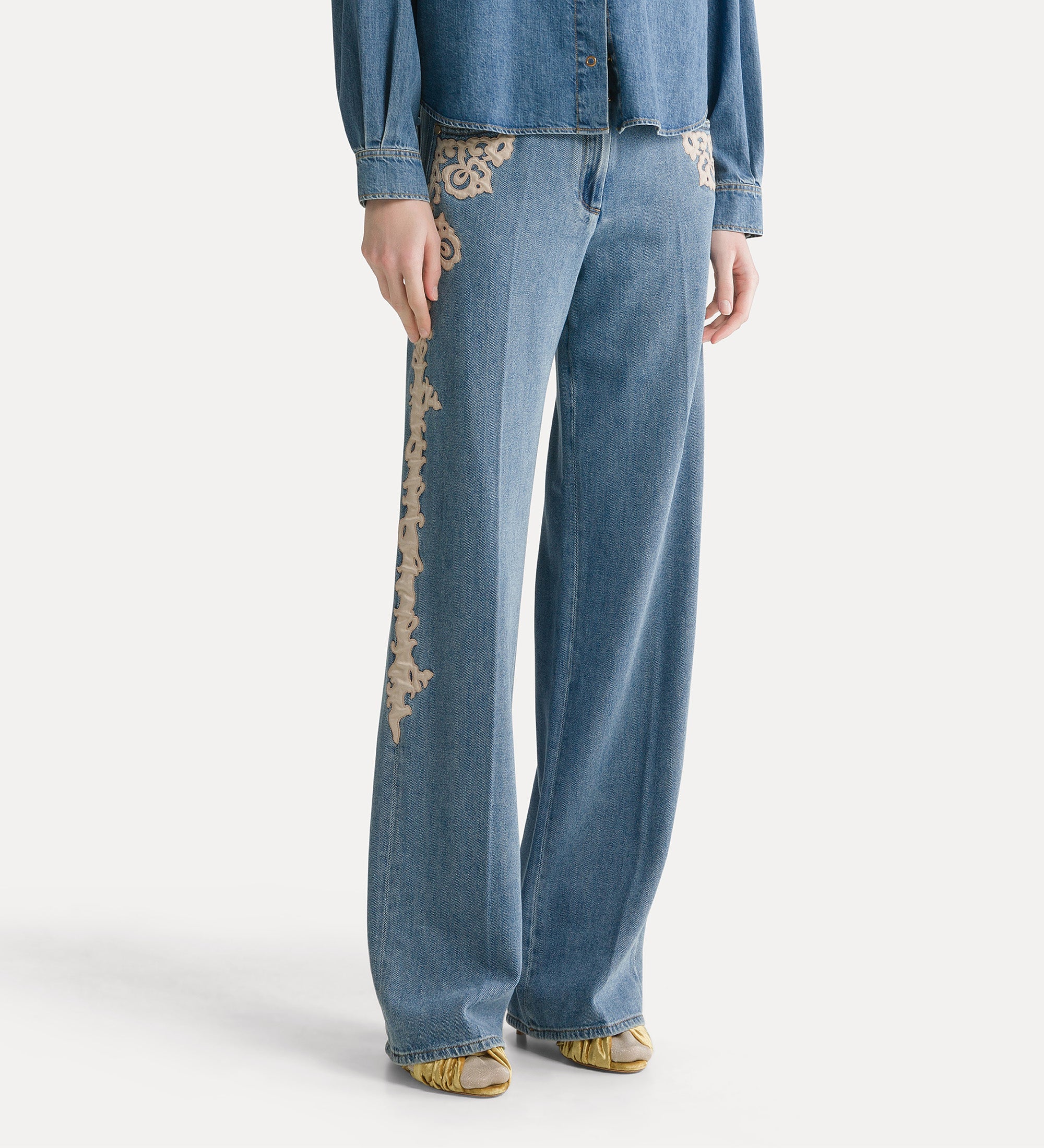 Forte pantaloni high-waisted embroidered 5-pocket trousers in cavalry denim celeste pantaloni denim vita alta