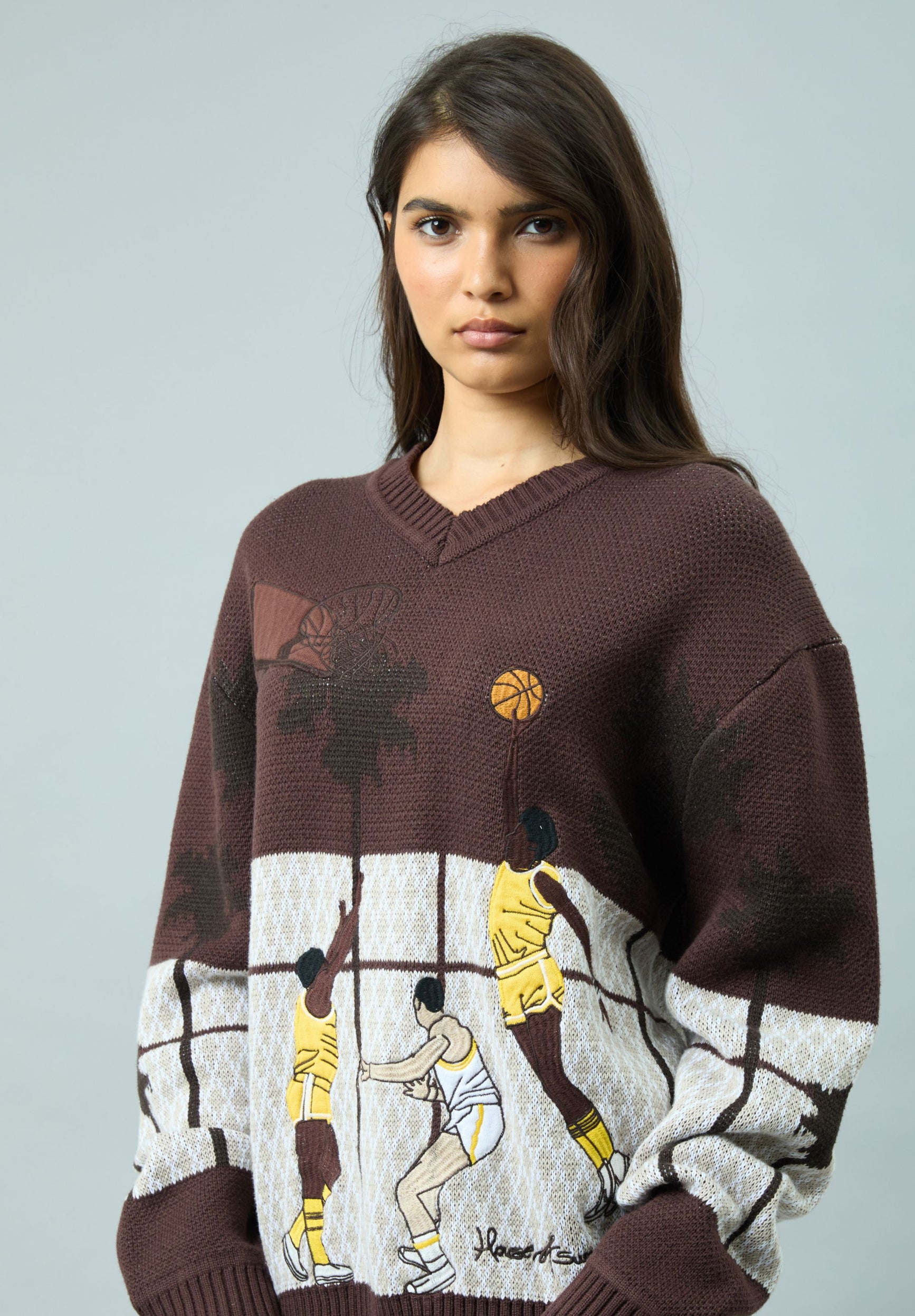 House Of Sunny Women's Knitwear SLAM DUNK WEST maglione jacquard marrone taglie UK S-XL