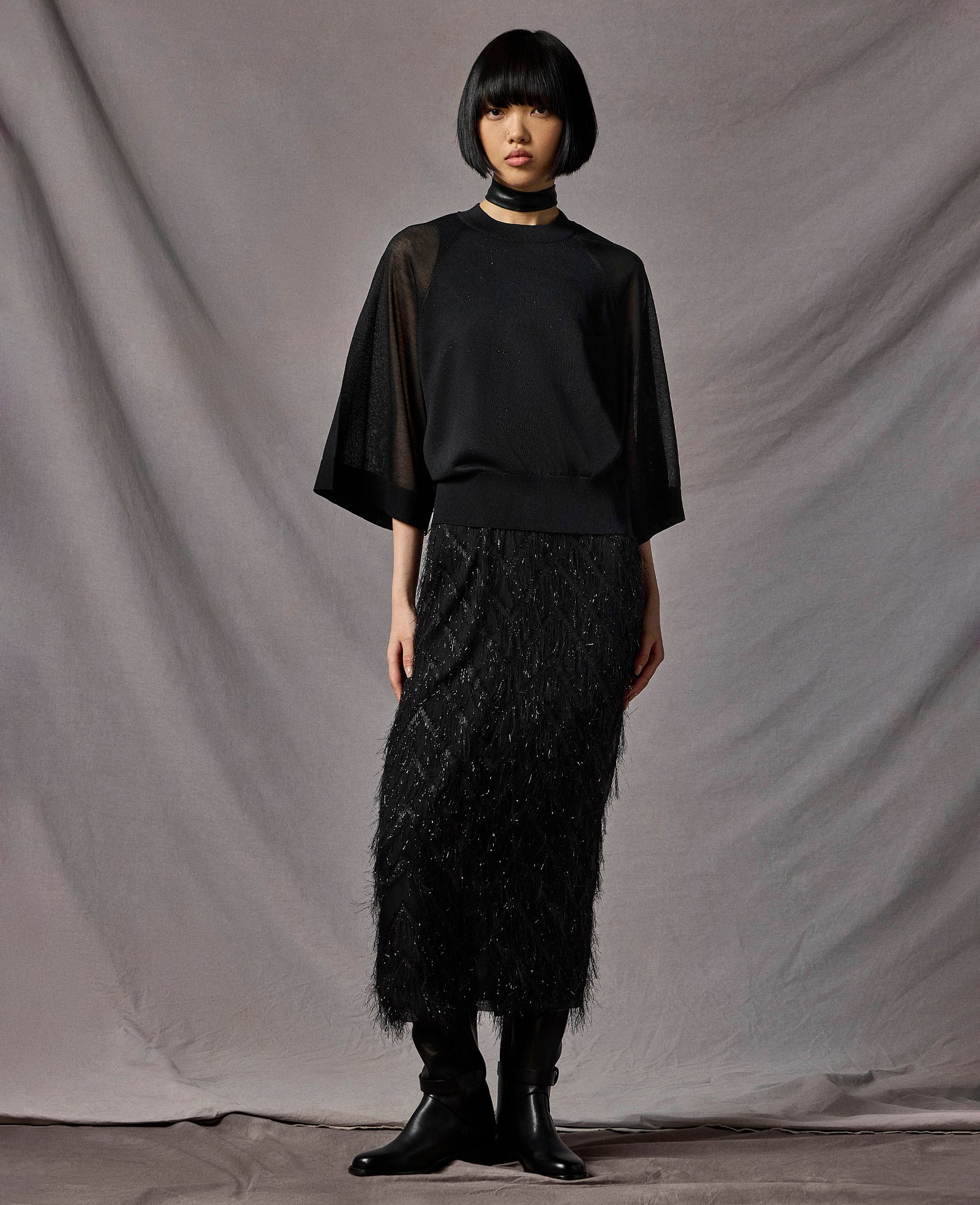 Kenneth Cole Reaction Clothing Fringed Organza Midi Sheath Dress abito midi nero