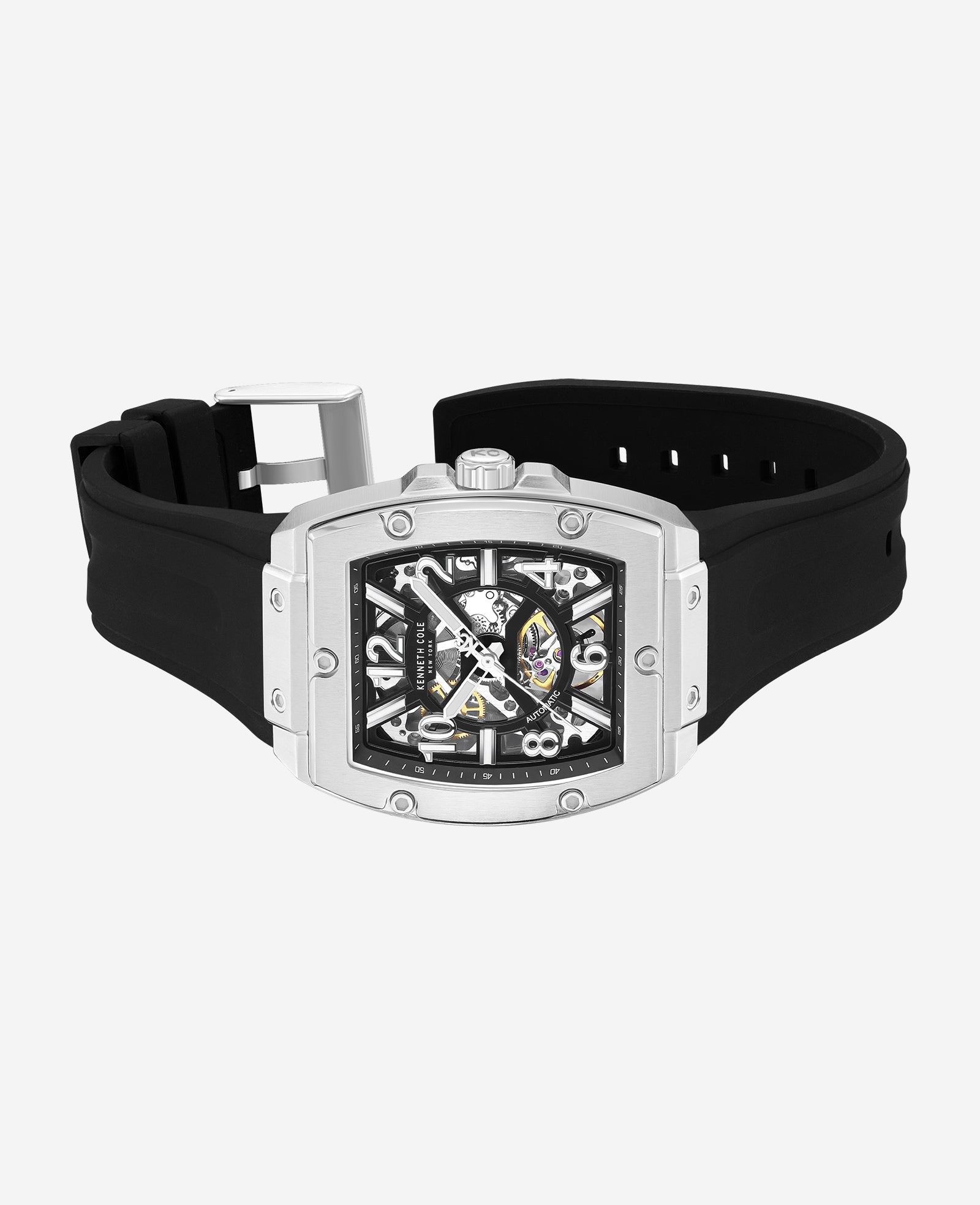 Kenneth Cole Reaction Watches Skeleton Automatic Silicone Strap Watch orologio nero