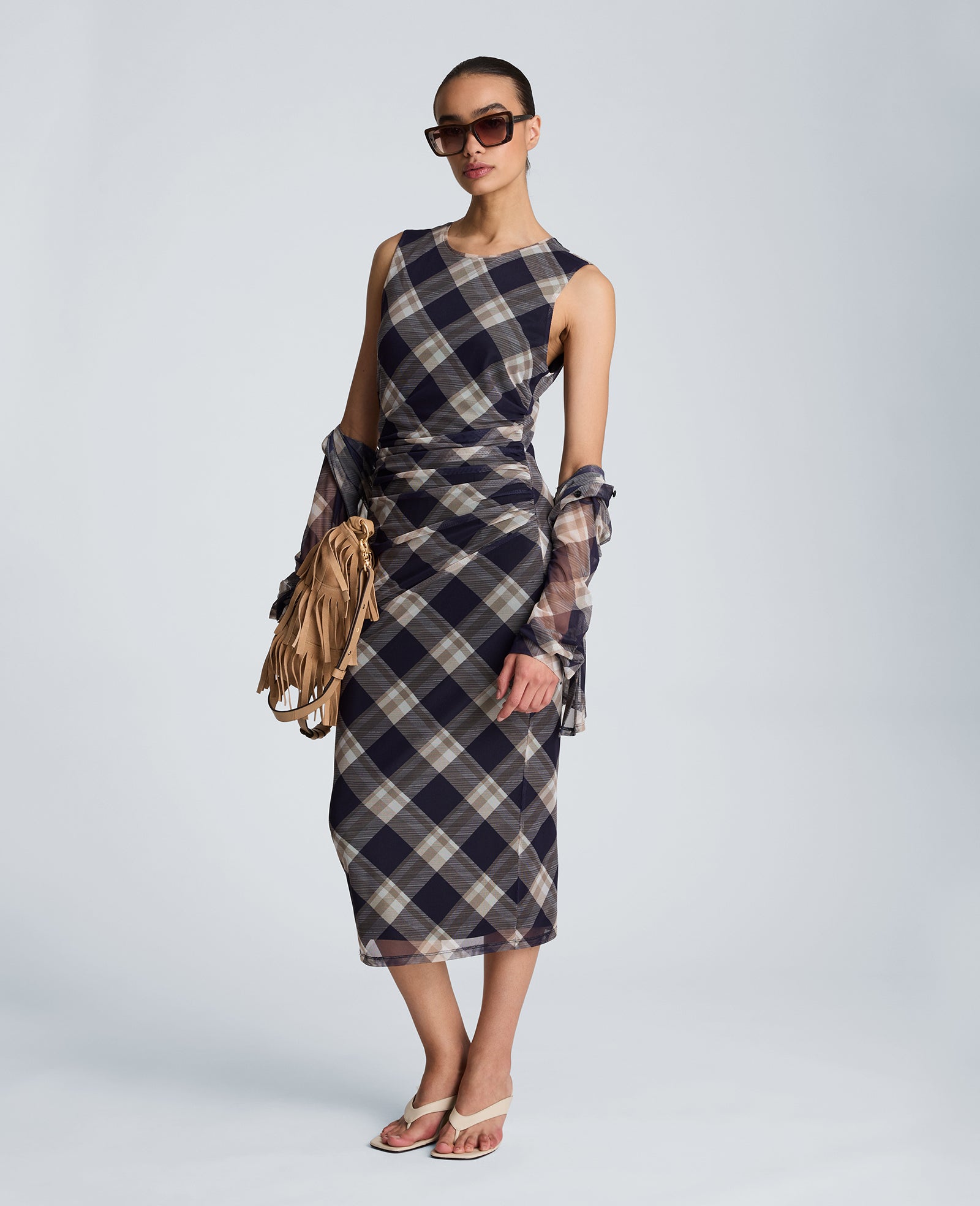 Kenneth Cole Reaction Clothing Side Ruched Midi Dress abito midi blu scuro fantasia