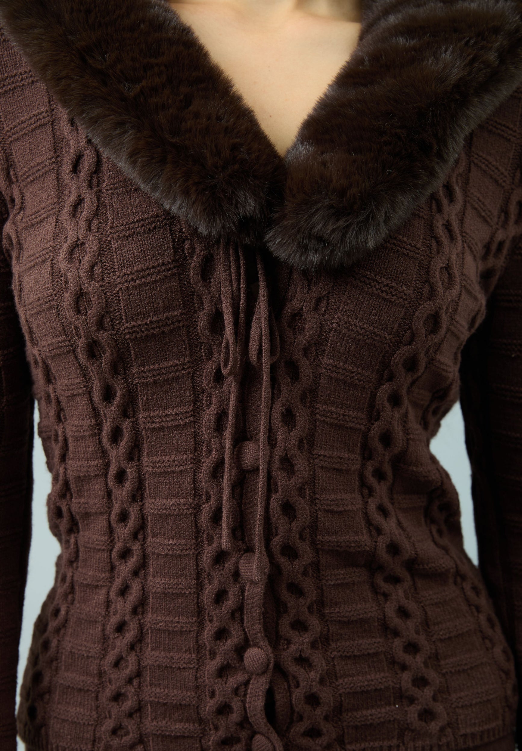 House Of Sunny Women's Knitwear CHOCOLATE FUR COLLAR CABLE PEGGY cardigan UK 6-18 collo staccabile