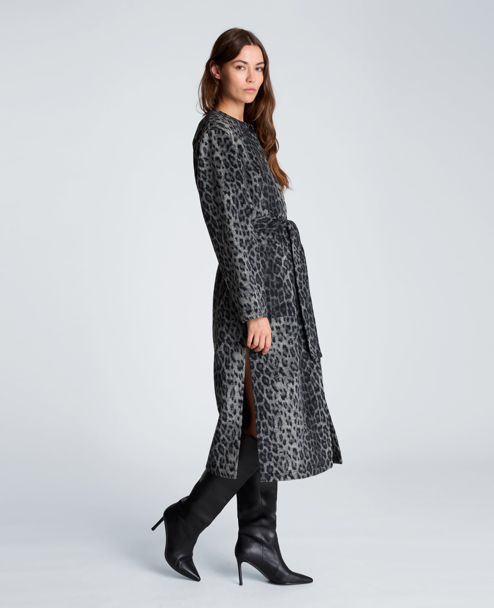 Kenneth Cole Reaction Clothing Jewel Neck Long Wool Wrap Coat cappotto nero leopardato