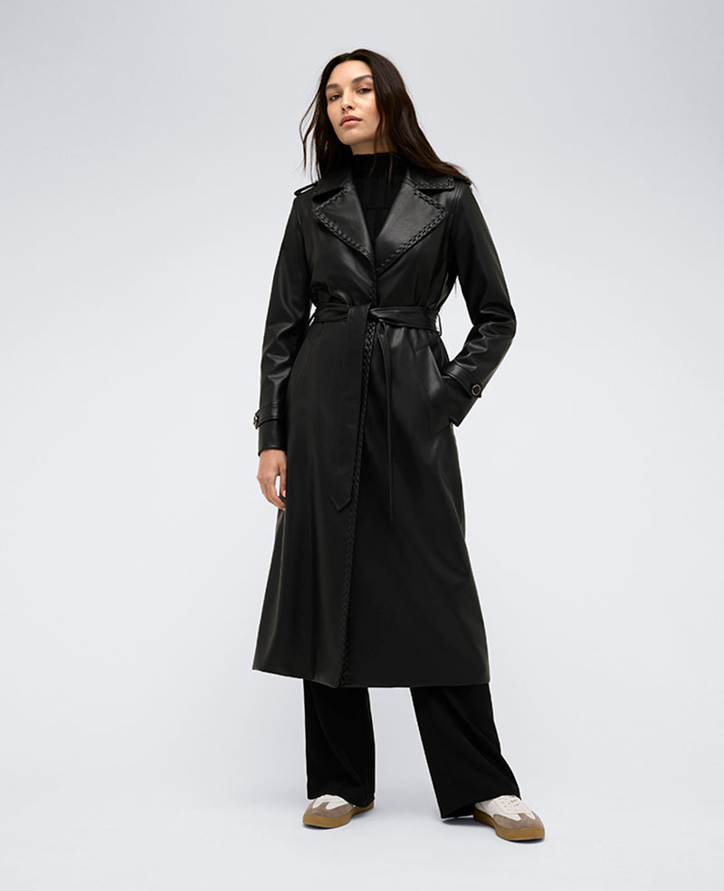 Kenneth Cole Reaction Clothing Faux Leather Belted Trench trench nero in ecopelle con cintura