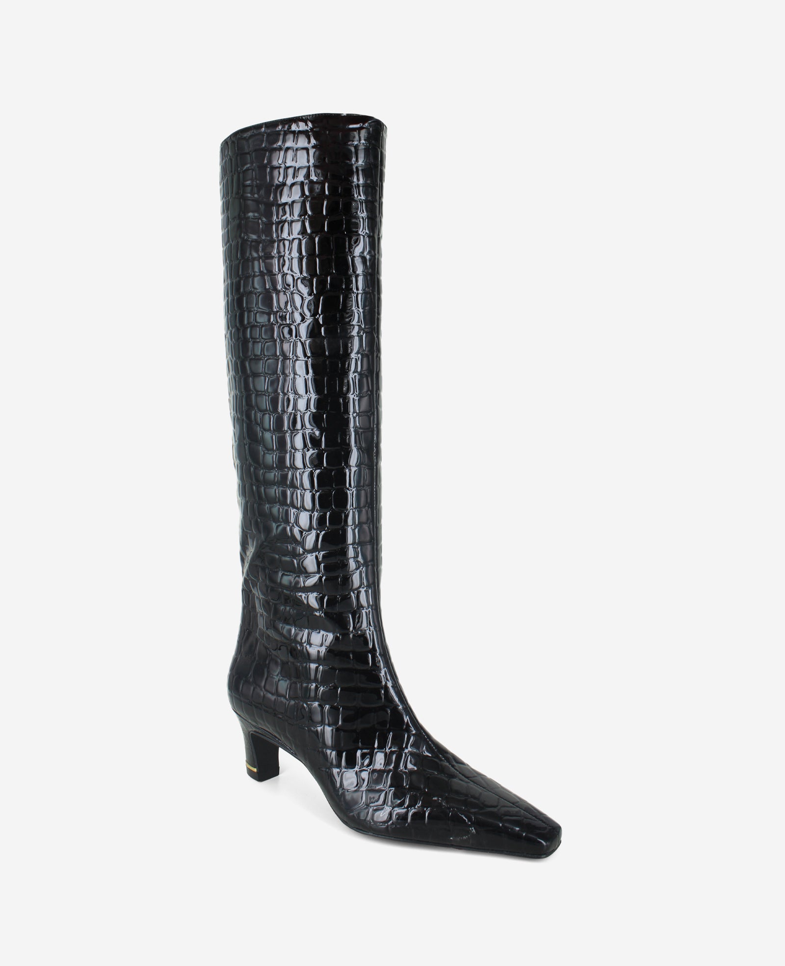 Kenneth Cole Reaction Shoes Rubia Croco Patent Tall Heel Boot stivali alti neri tacco 2,2 pollici