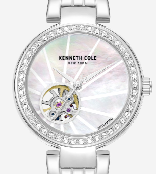Kenneth Cole Reaction Watches Open Heart Automatic Crystal Lined MOP Dial Bracelet Watch orologio argento
