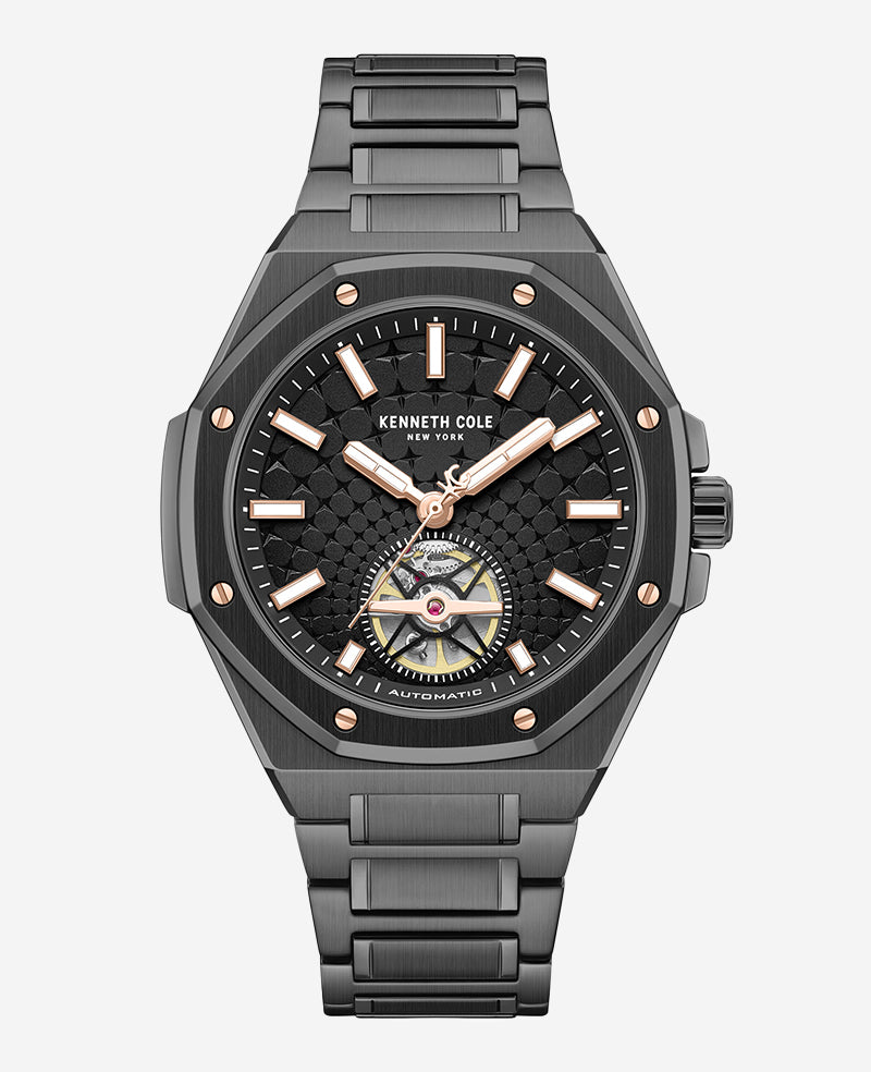 Kenneth Cole Reaction Watches Skeleton Automatic Black Rose Gold Stainless Steel Bracelet Watch orologio automatico nero
