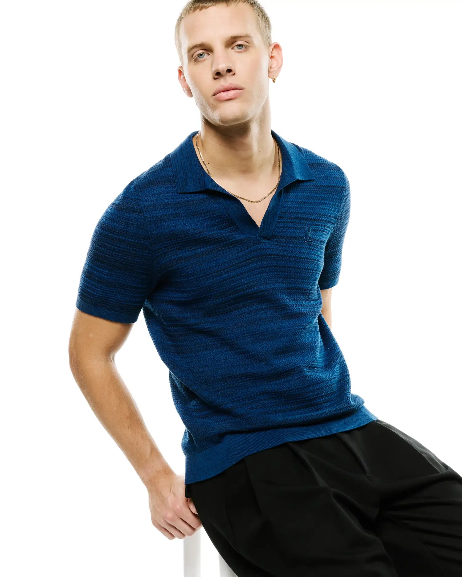 Psycho Bunny Men's Polos Devon Braided Knit polo Navy in cotone