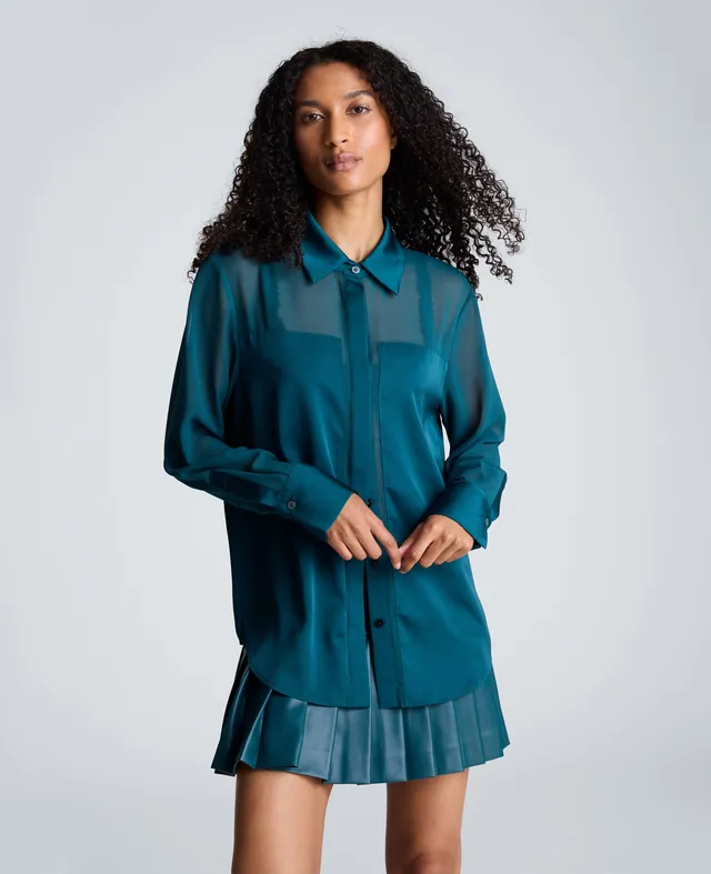 Kenneth Cole Reaction Clothing Long Sleeve Button Front Shirt camicia Teal Dusk maniche velate