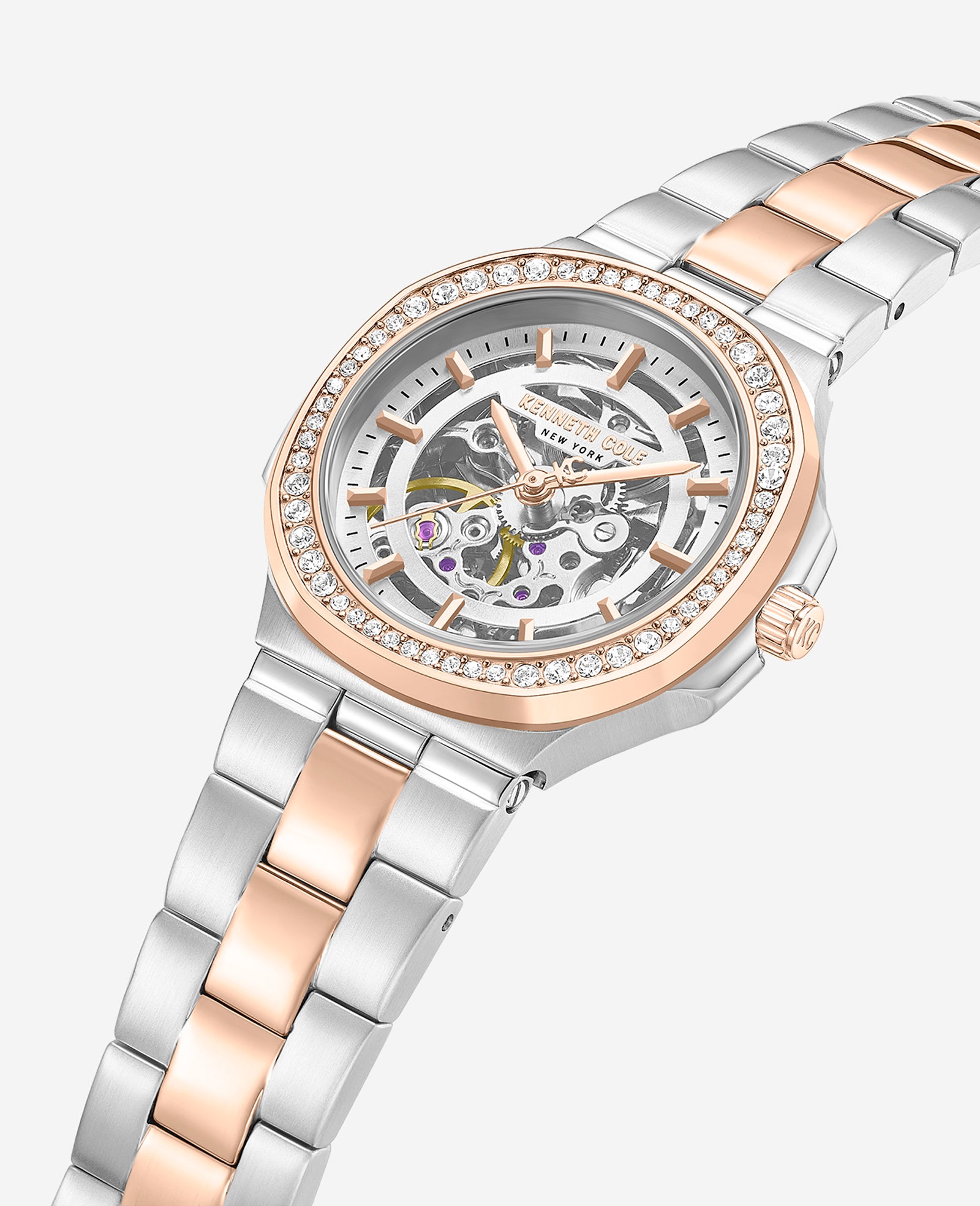 Kenneth Cole Reaction Watches Skeleton Automatic Crystal Lined Outer Dial Two Tone Bracelet Watch orologio bicolore