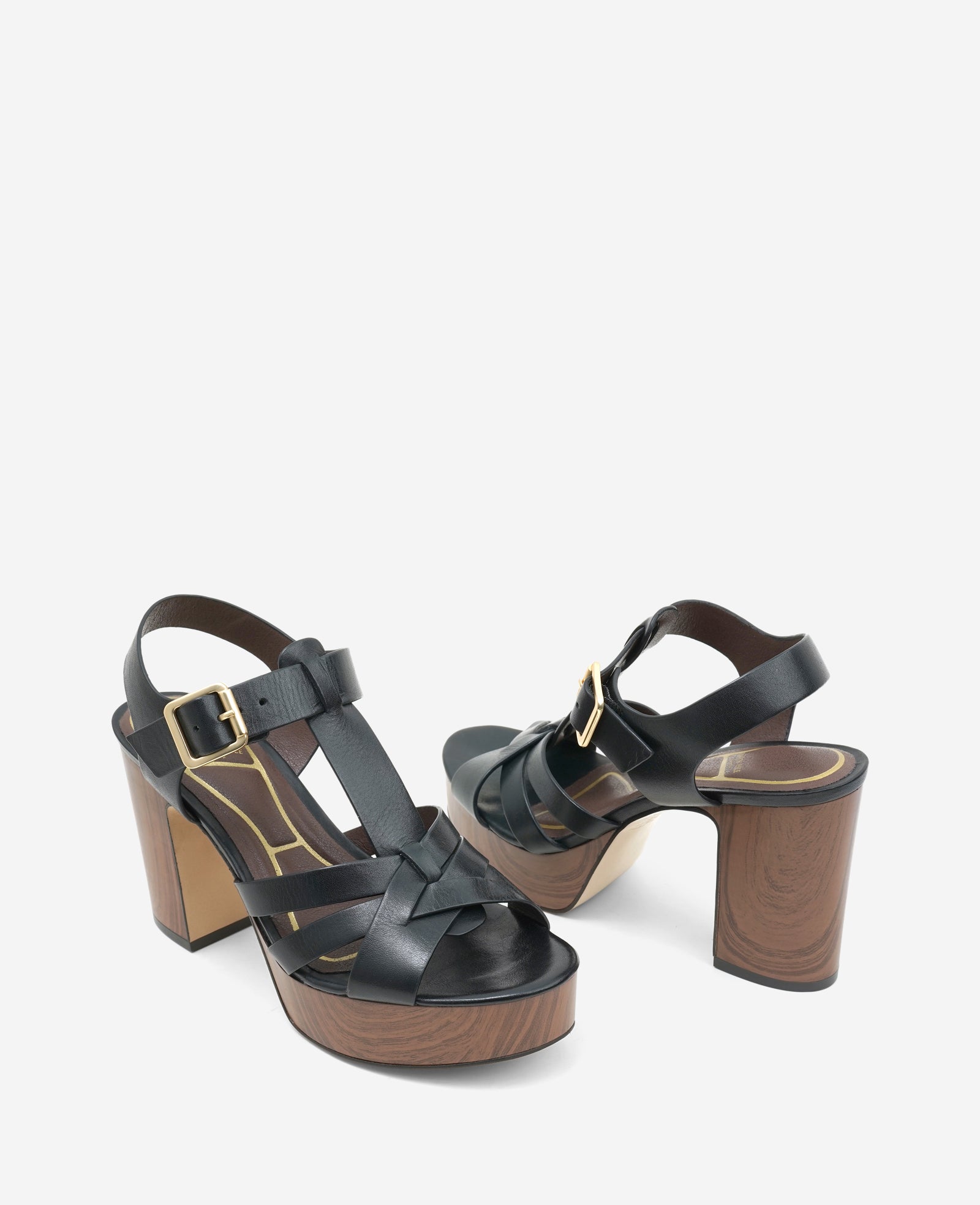 Kenneth Cole Reaction Shoes Lotus Woven Leather T-Strap Wood Platform Sandal sandalo nero in pelle