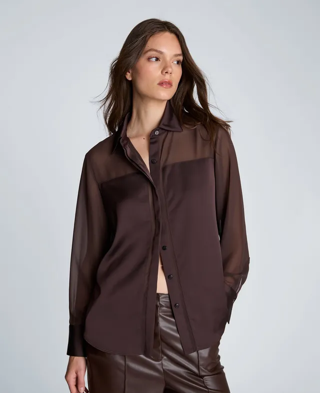 Kenneth Cole Reaction Clothing Long Sleeve Button Front Shirt camicia marrone XS