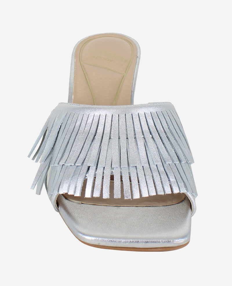 Kenneth Cole Reaction Shoes Darby Metallic Fringe Heel scarpa argento in pelle con tacco svasato