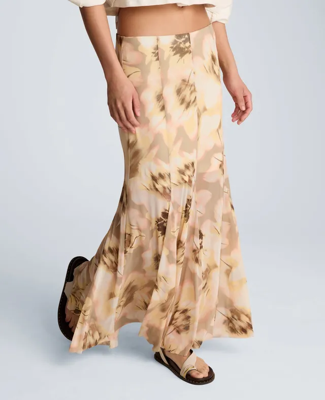 Kenneth Cole Reaction Mesh Pull On Godet Fit and Flare Maxi Skirt gonna lunga gialla fantasia in mesh