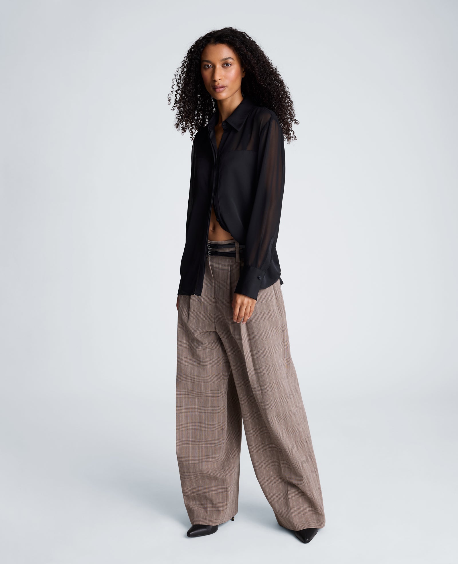 Kenneth Cole Reaction Clothing Long Sleeve Button Front Shirt with Sheer Sleeves camicia nera