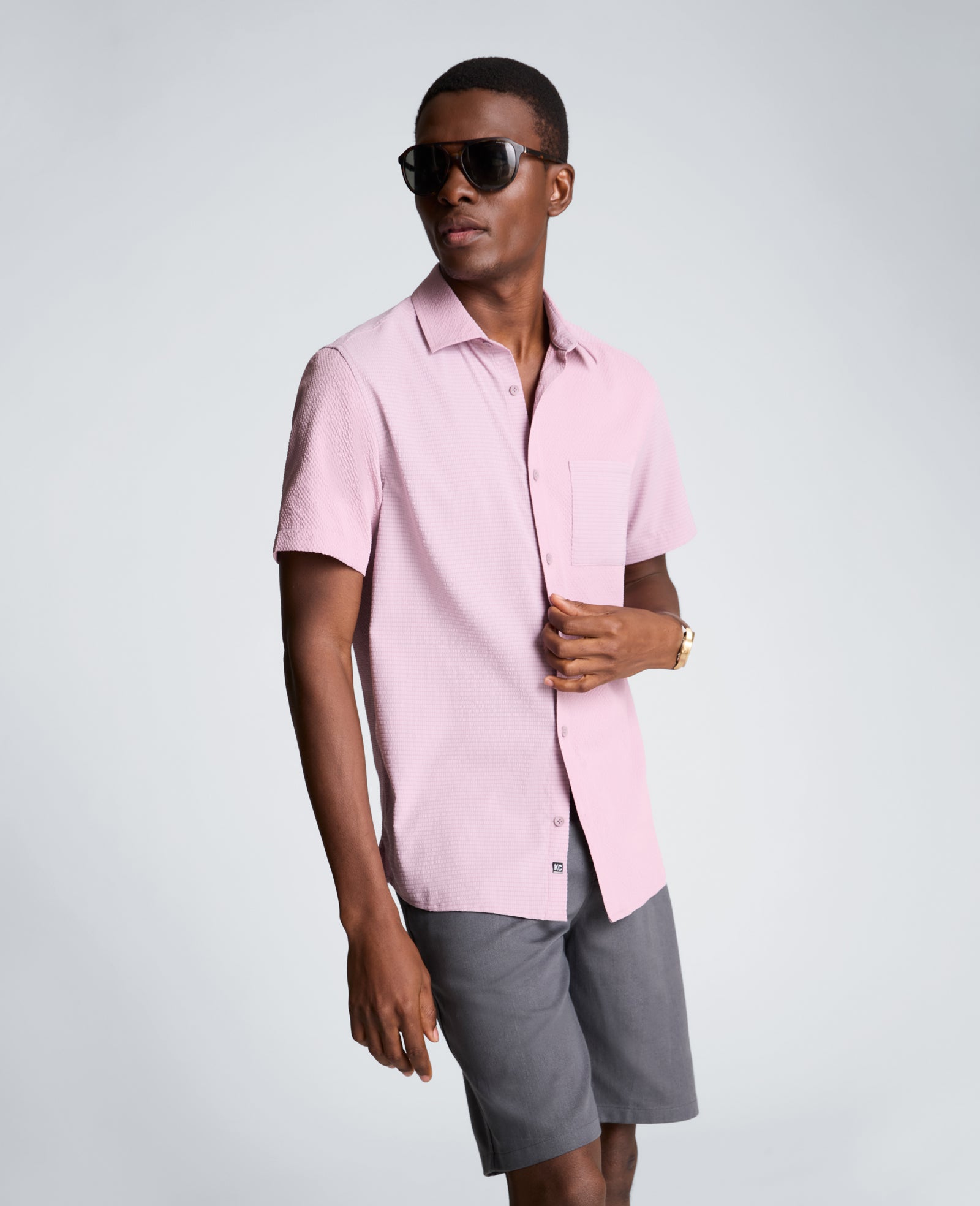 Kenneth Cole Reaction Clothing Slim Fit Short-Sleeve Mixed-Media Sport Shirt camicia rosa