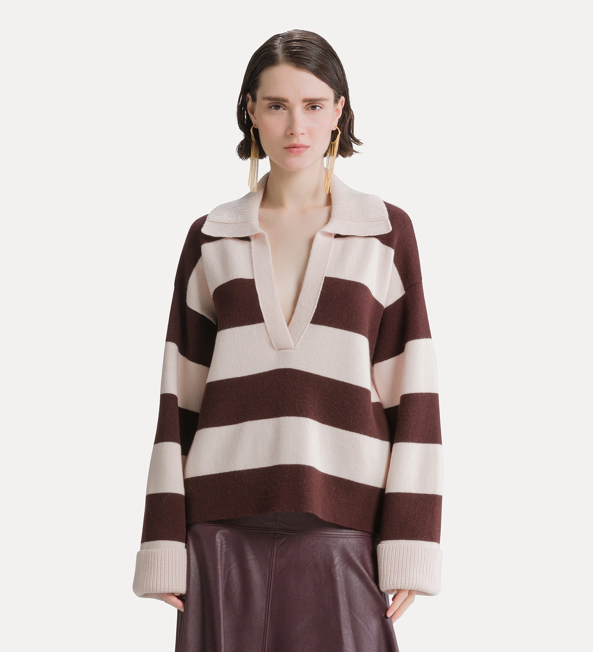 Forte maglieria Striped Cashmere and Wool Collared Jumper Fondant marrone maglione