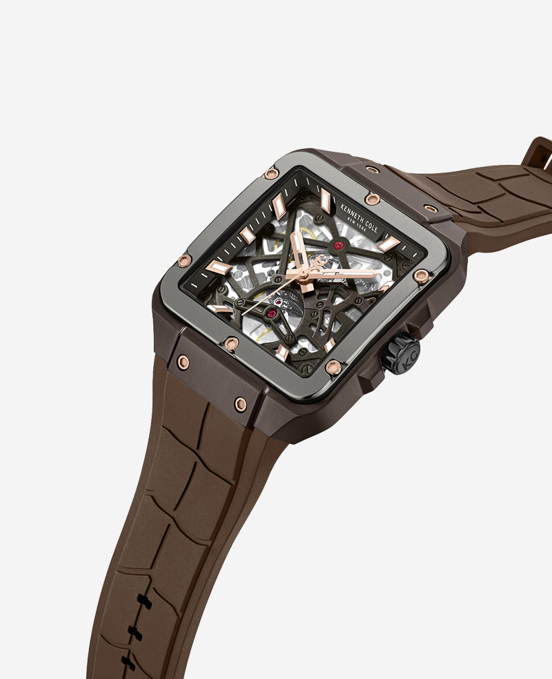 Kenneth Cole Reaction Watches Skeleton Automatic Silicone Watch orologio automatico marrone