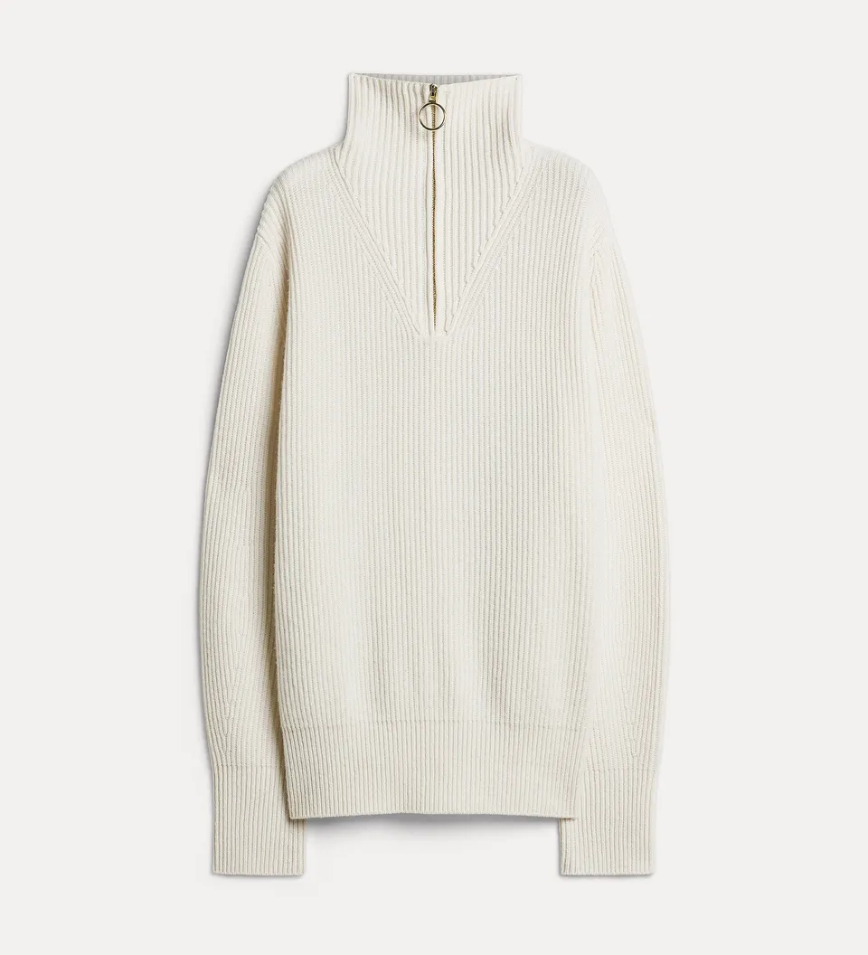 Forte maglieria maglia mezza zip Pure bianca, lana e cashmere