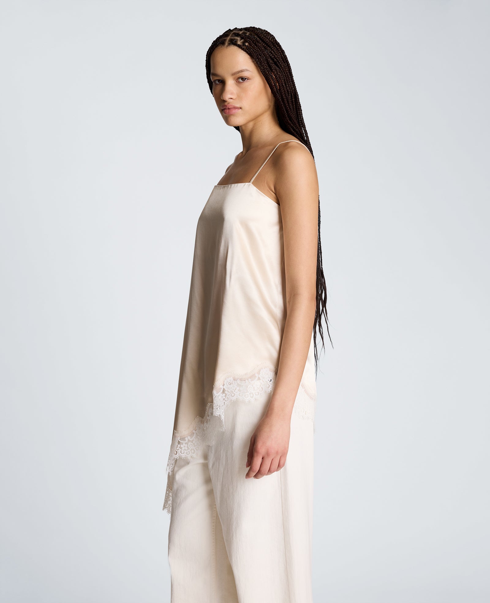 Kenneth Cole Reaction Clothing Asymmetric Lace Hem Tunic Cami canotta satinata oyster