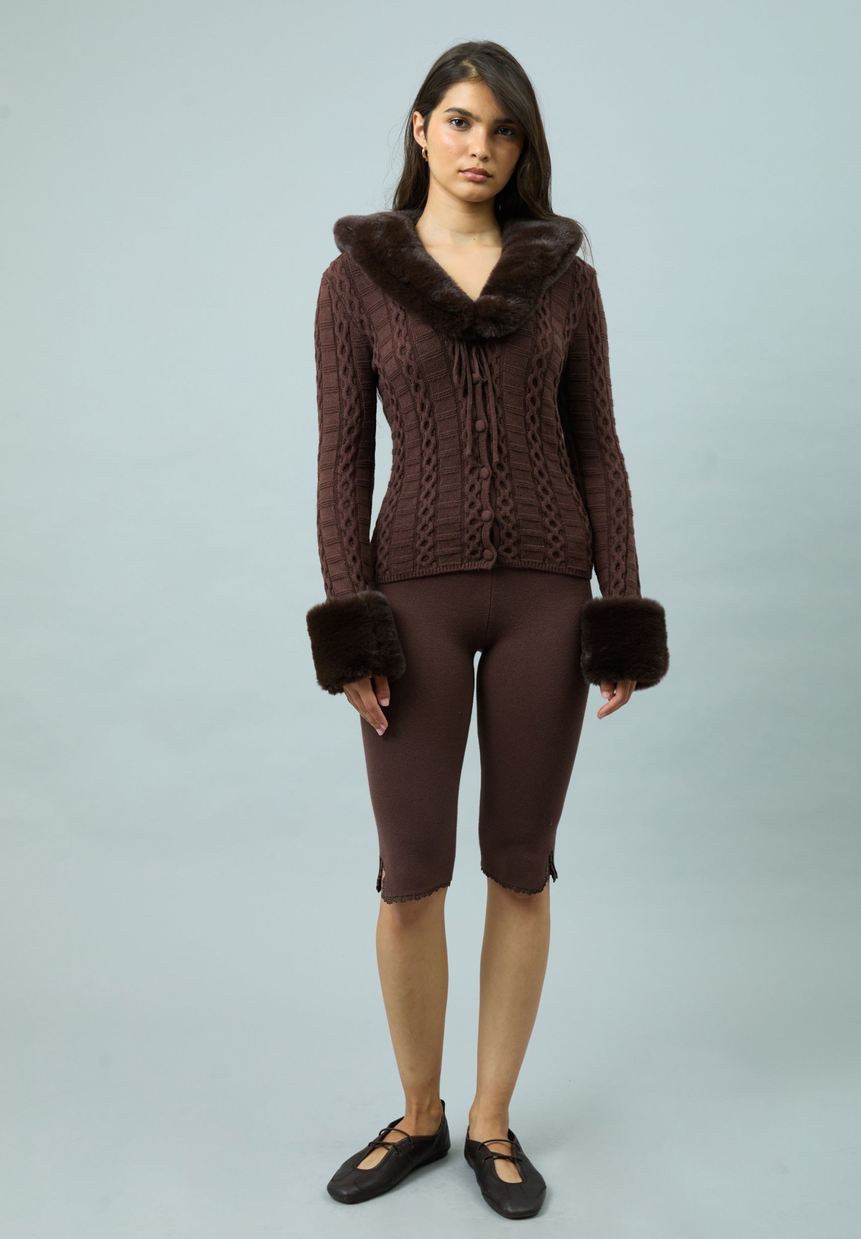 House Of Sunny Women's Knitwear CHOCOLATE FUR COLLAR CABLE PEGGY cardigan UK 6-18 collo staccabile