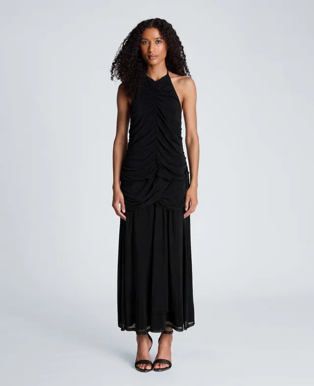 Kenneth Cole Reaction Clothing Ruched Halter Maxi Dress abito nero arricciato