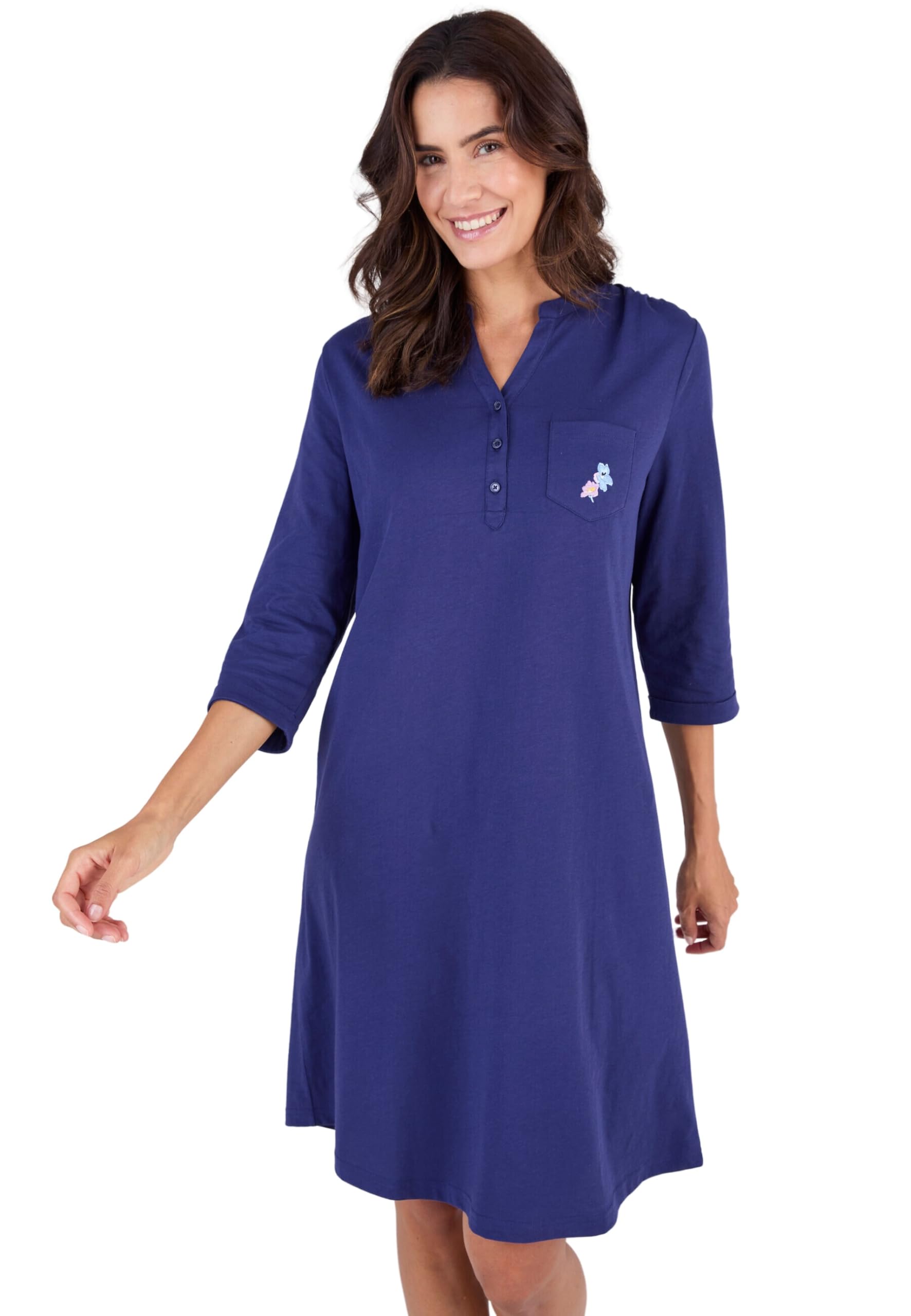 Damart Homewear camicia da notte colletto tunisino blu fiorito in cotone