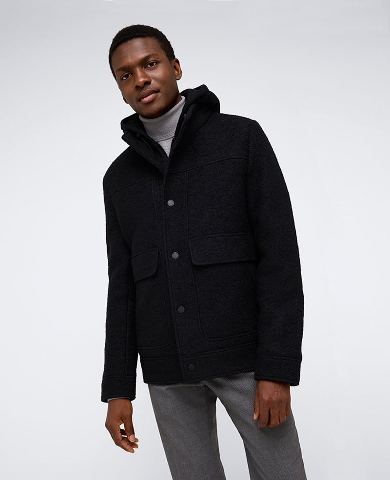 Kenneth Cole Reaction Clothing Boucle Wool Jacket with Attached Jersey Hood giacca nera in lana